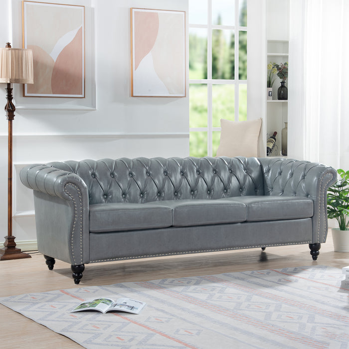 Rolled Arm Chesterfield 3 Seater Sofa - Gray