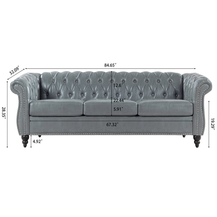 Rolled Arm Chesterfield 3 Seater Sofa - Gray