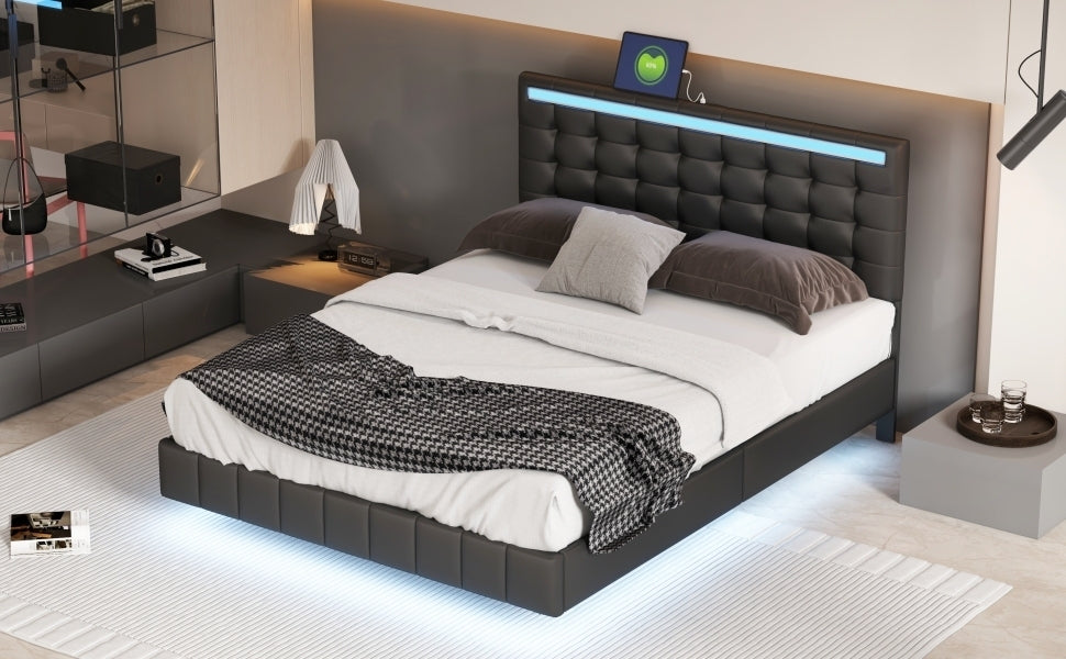 Queen Size Modern Upholstered Platform Bed with LED Lights and USB Charging - Black