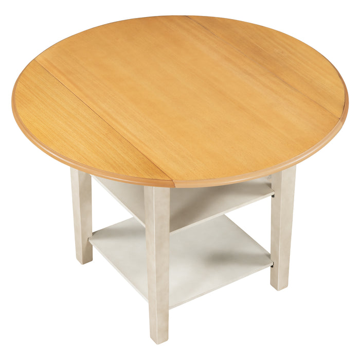 Farmhouse Round Kitchen Dining Table with Drop Leaf  and  2-tier Shelves