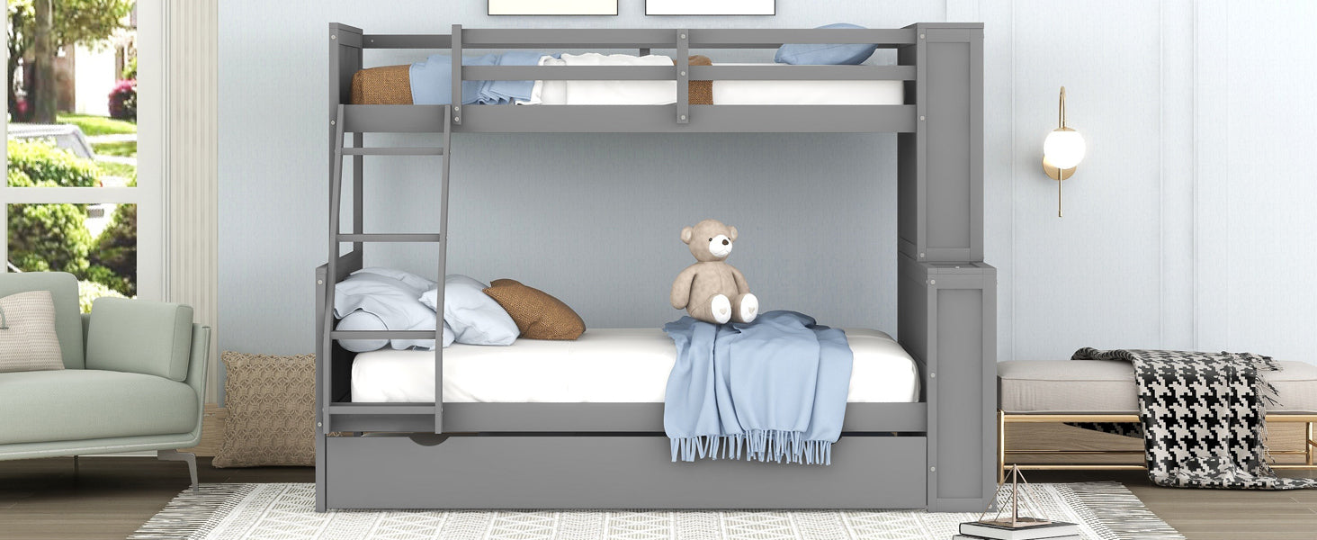 Twin over Full Bunk Bed with Trundle and Shelves, can be Separated into Three Separate Platform Beds, Gray