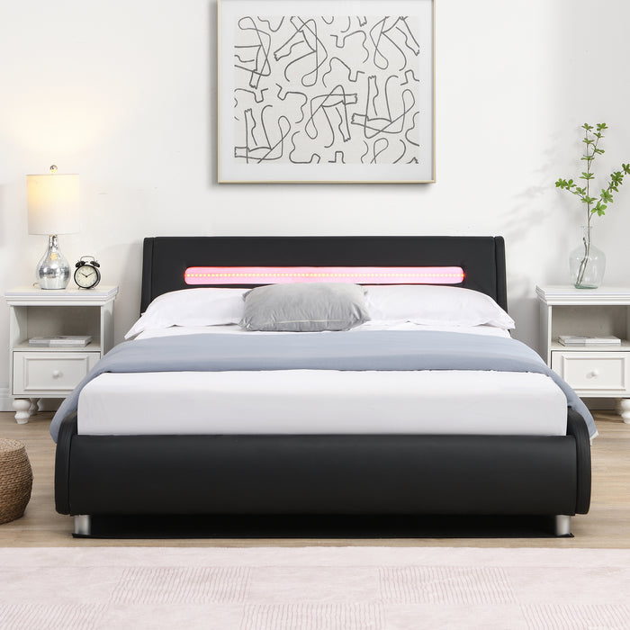 Full Size Low Profile Upholstered Platform Bed with LED headboard - Black