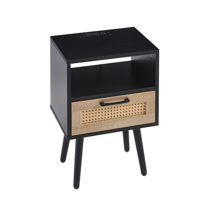 Rattan End table with Power Outlet  & USB Ports  -black