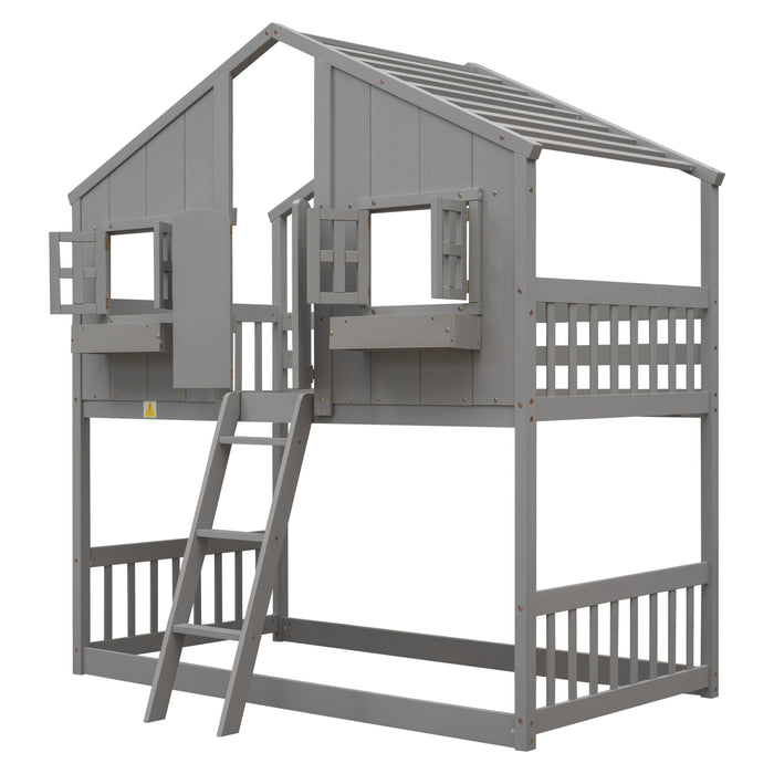 Twin over Twin House Bunk Bed with Roof & Windows - Grey