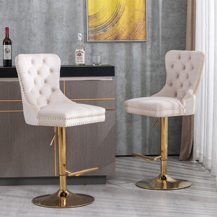 Modern Upholstered Velvet Bar Stools with Tufted Backs - Beige Set of 2