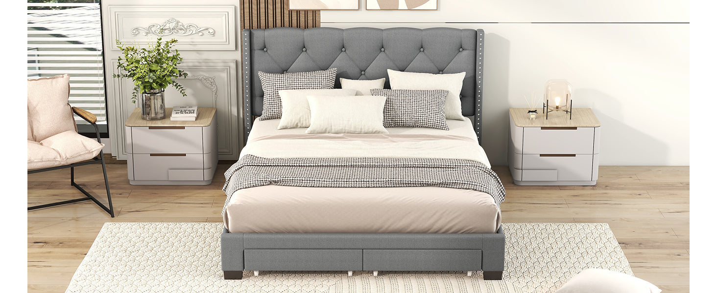 Queen Size Storage Bed Linen Upholstered Platform Bed with Two Drawers - Gray