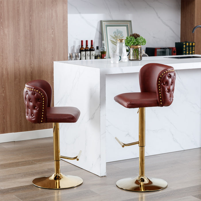 Modern PU Upholstered Bar Stools with whole Back Tufted - Burgundy (Set of 2）