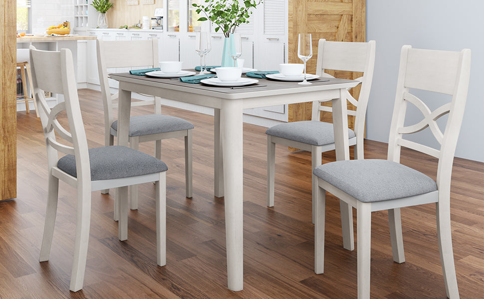 5-Piece Farmhouse Rustic Wood Kitchen Dining Table Set - Light Grey + White