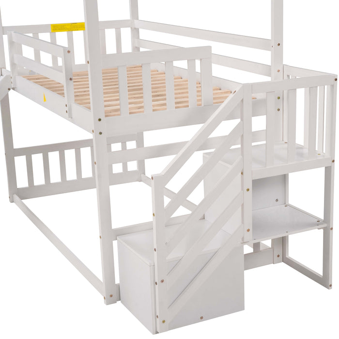 Twin over Twin House Bunk Bed with Convertible Slide, Storage Staircase -White