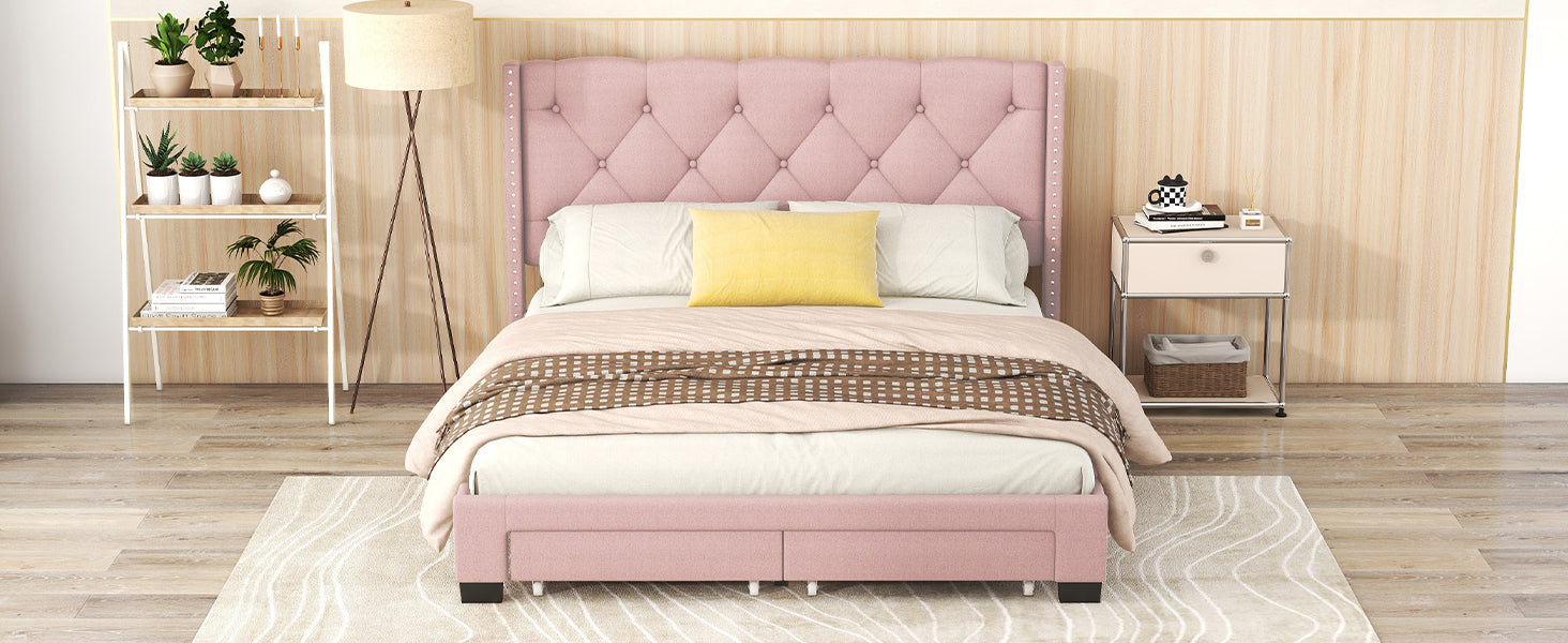 Queen Size Storage Bed Linen Upholstered Platform Bed with Two Drawers - Pink