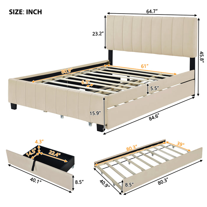 Queen Size Velvet Upholstered Platform Bed with 2 Drawers and Trundle- Beige