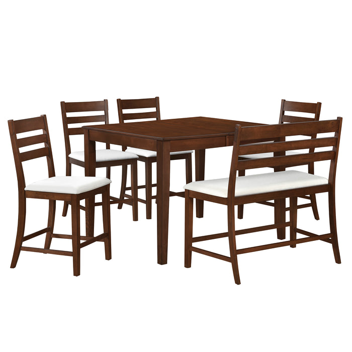 6-Piece Farmhouse Extendable Counter Height Dining Table Set - Brown Walnut + Beige