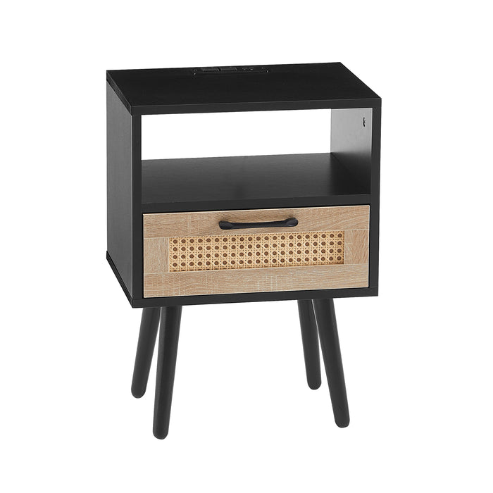 Rattan End table with Power Outlet  & USB Ports  -black