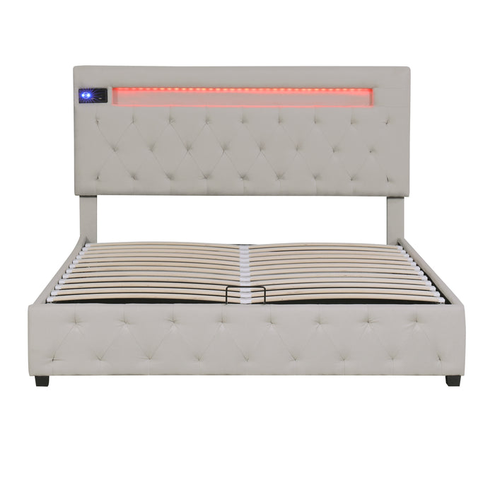 Queen Size Storage Upholstered Platform Bed with Adjustable Headboard - Beige