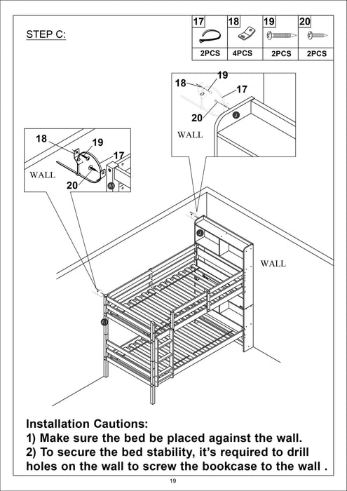 Twin Over Twin Bunk Beds with Bookcase Headboard - White