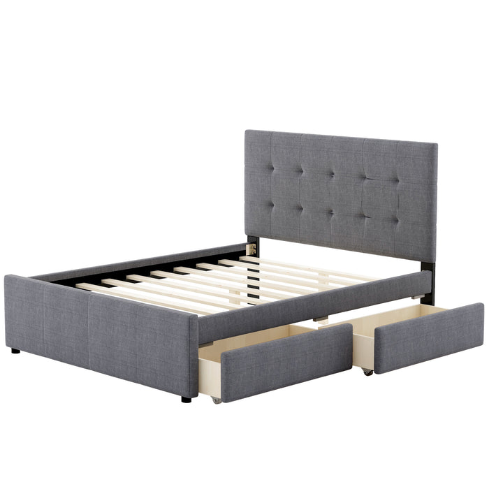 Queen Size Linen Upholstered Platform Bed With Headboard and Two Drawers, Gray