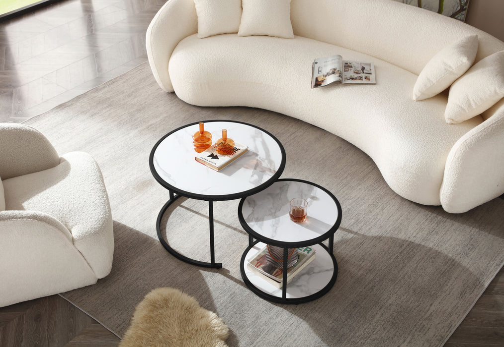 Modern Coffee Table with Marble Pattern MDF Top and Metal Frame - White