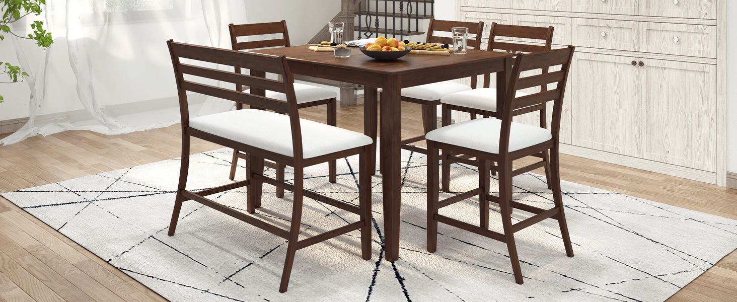 6-Piece Farmhouse Extendable Counter Height Dining Table Set - Brown Walnut + Beige