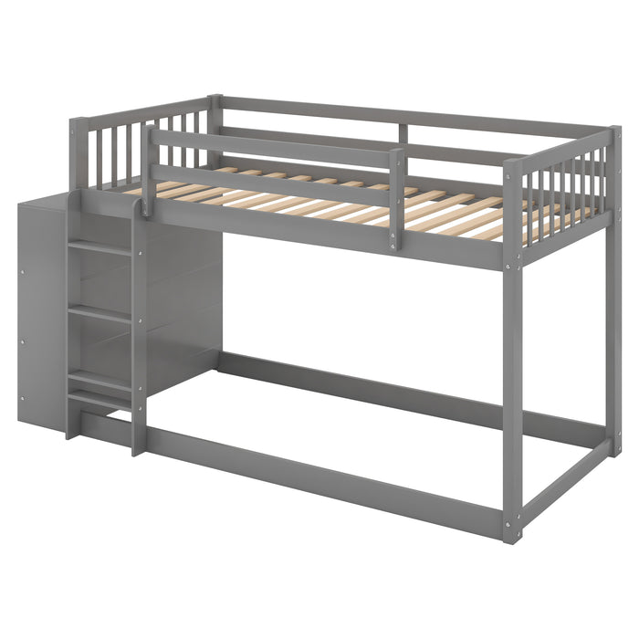 Twin over Twin Bunk Bed with Attached Cabinet and Shelves Storage - Gray