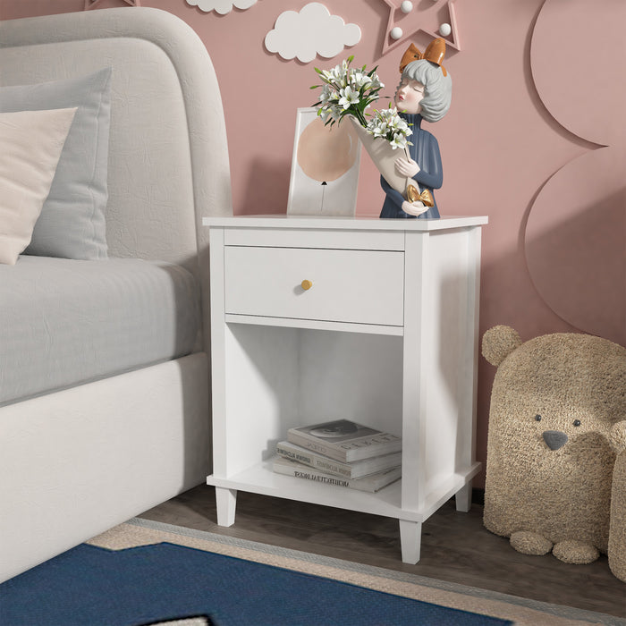 Wooden Nightstand with One Drawer One Shelf for Kids - White