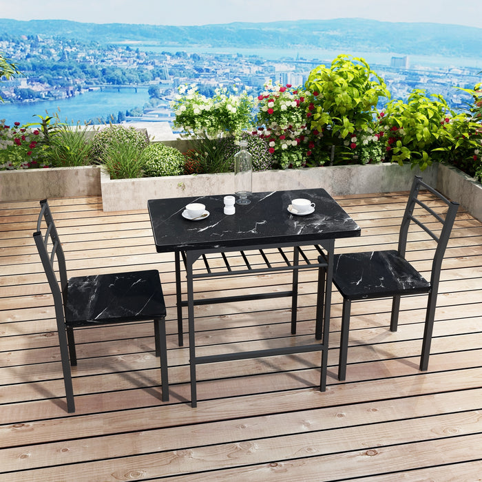 3-Piece Modern Dining Table Set - Black Frame + Printed Black Marble Finish