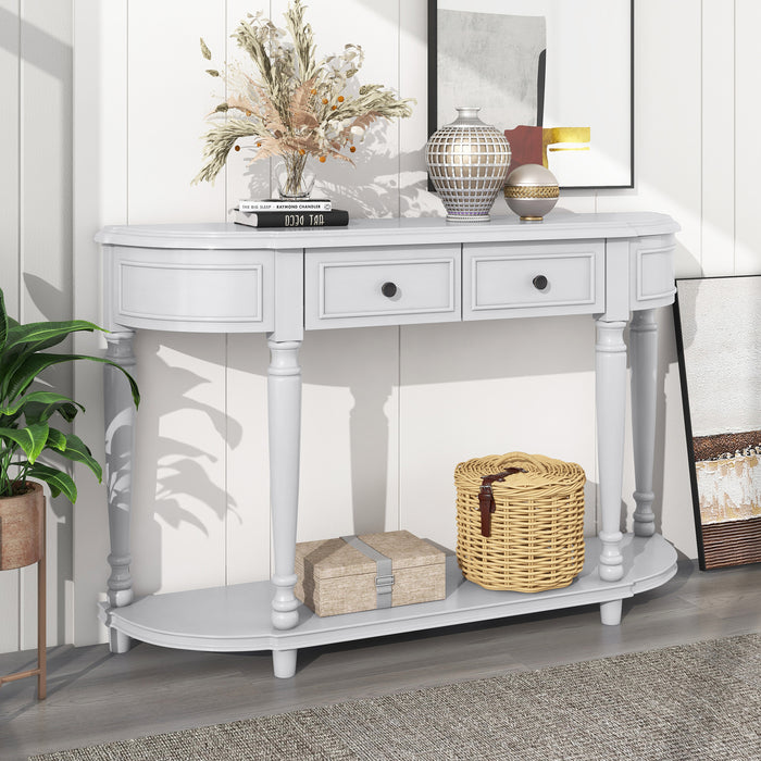 Retro Circular Curved Design Console Table with Open Style Shelf - Antique White