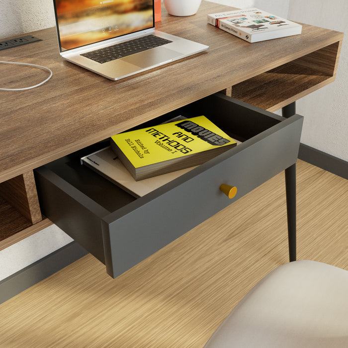 Mid Century Desk with USB Ports and Power Outlet - Walnut