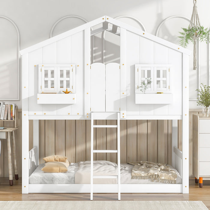 Twin over Twin House Bunk Bed with Roof , Windows - White