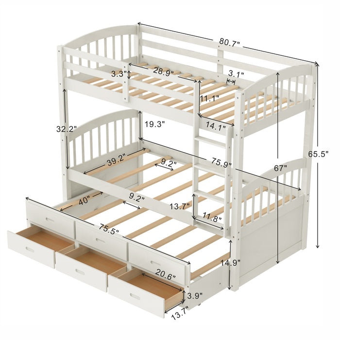 Twin over Twin Wood Bunk Bed with Trundle and Drawers - White