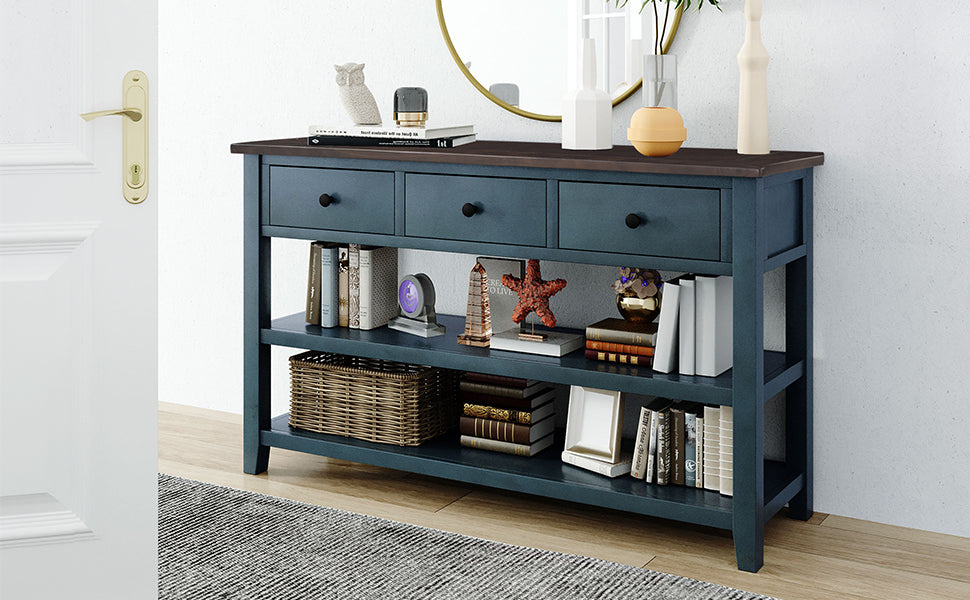 Retro Design Console Table with Two Open Shelves -Navy