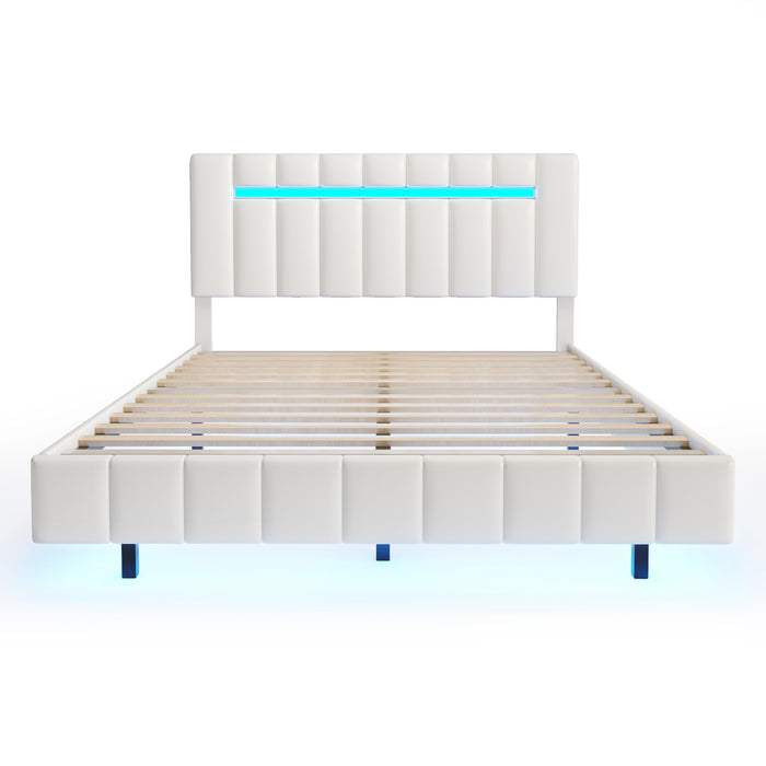 Queen Size Modern Upholstered Platform LED Bed with LED Lights and USB Charging - White