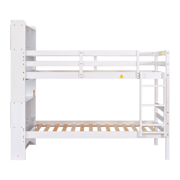 Twin Over Twin Bunk Beds with Bookcase Headboard - White