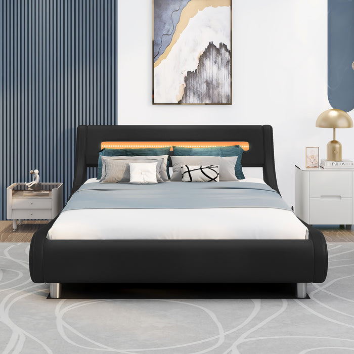 Full Size Low Profile Upholstered Platform Bed with LED headboard. - Black