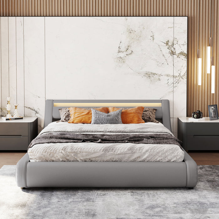 Queen Upholstered Faux Leather Storage Platform bed with LED Light - Gray