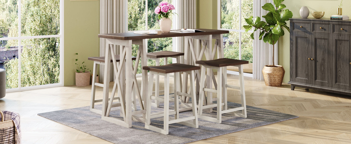 5-Piece Rustic Counter Height Dining Set - Walnut + Cream