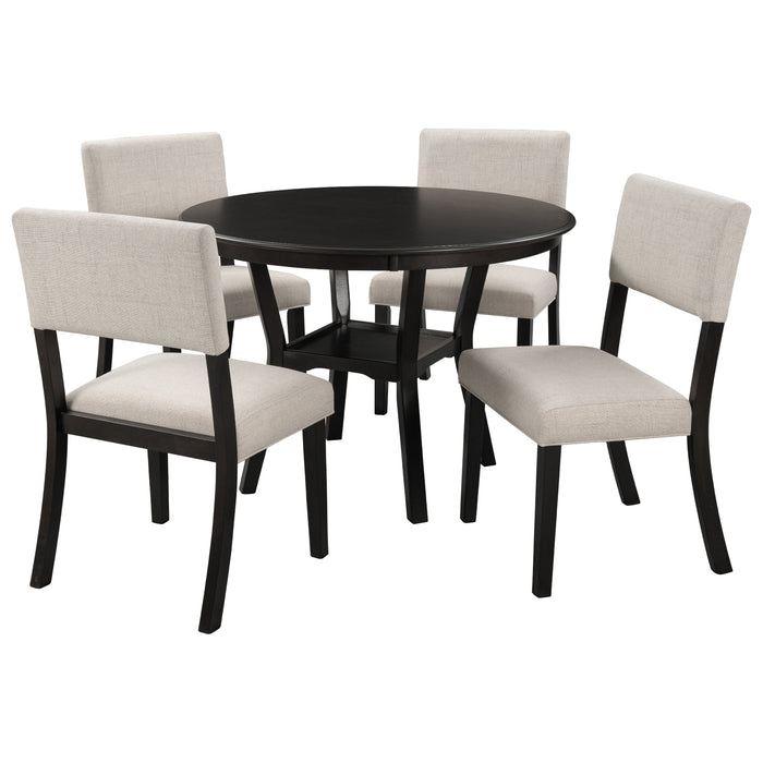 5-Piece Kitchen Dining Table Set Round Table with Bottom Shelf - Espresso