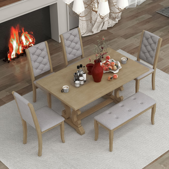 6-Piece Retro Dining Set with Unique-designed Table Legs - Beige Wash