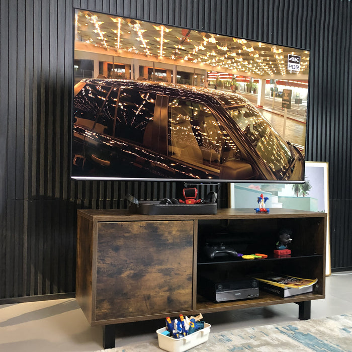 Rustic Brown TV Console with push-to-open Storage Cabinet for TV up to 65in -Wood & Glass