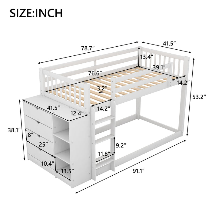 Twin over Twin Bunk Bed with Attached Cabinet and Shelves Storage - White