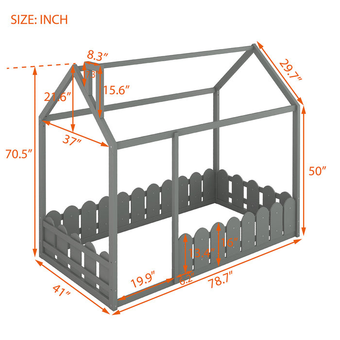 Twin Size Wood Bed House/ Fence (Gray )（Slats are not included)