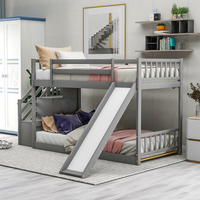 Twin over Twin Bunk Bed with Convertible Slide and Stairway - Gray