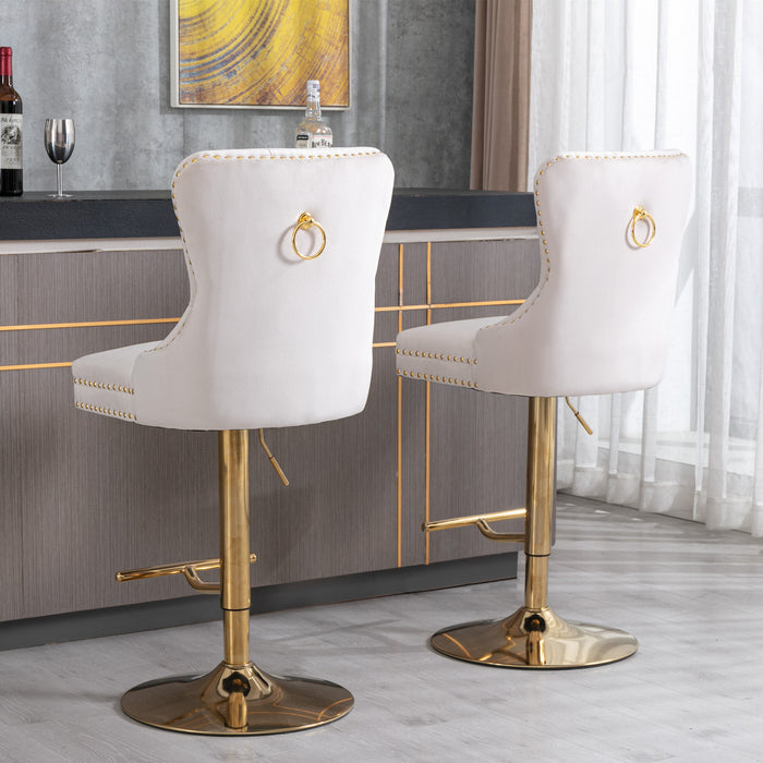 Modern Upholstered Velvet Bar Stools with Tufted Backs - Beige Set of 2