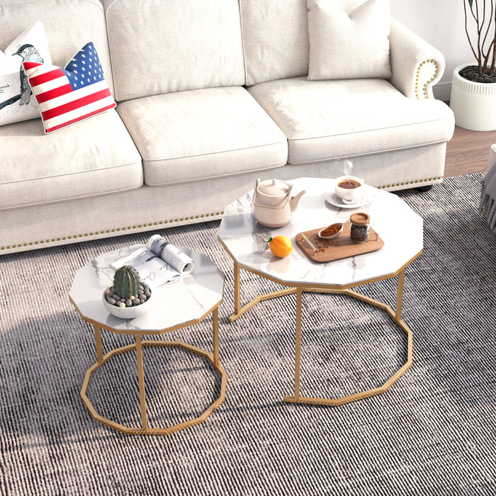 Marble Coffee End table - White Artificial Marble Top (white+golden)