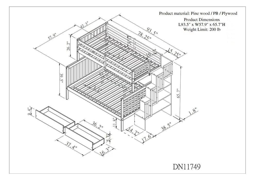 Twin Over Full Convertible Bunk Bed with 2 Drawers and Staircases - White