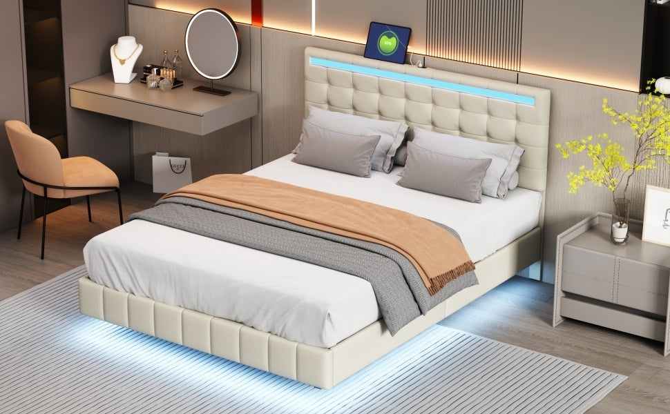 Queen Size Modern Upholstered Platform Floating Bed Frame with LED Lights and USB Charging - Beige