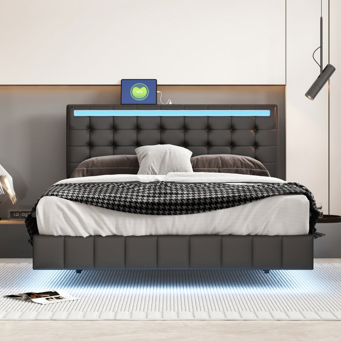 Queen Size Modern Upholstered Platform Bed with LED Lights and USB Charging - Black