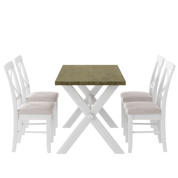 5-Pieces Farmhouse Rustic Wood Kitchen Dining Table Set - White + Beige