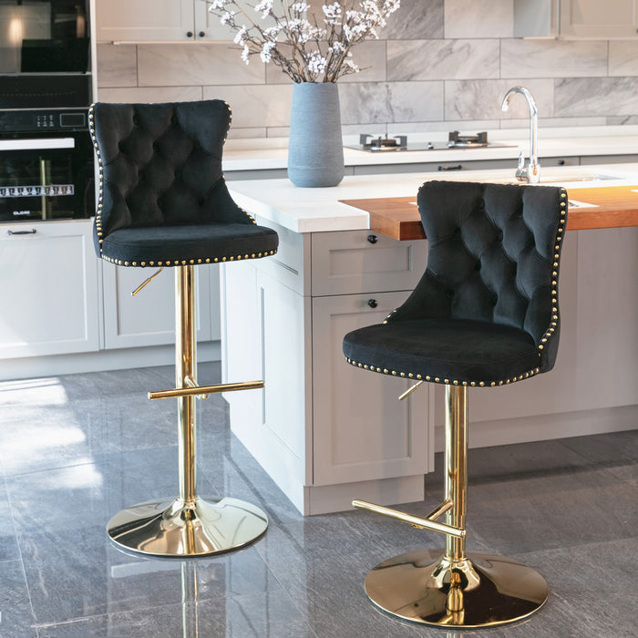 Golden Swivel Velvet Barstools (Black, Set of 2）