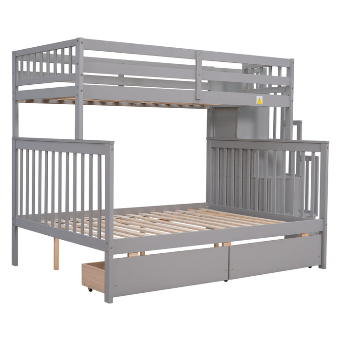 Twin Over Full Convertible Bunk Bed with 2 Drawers and Staircases - Grey