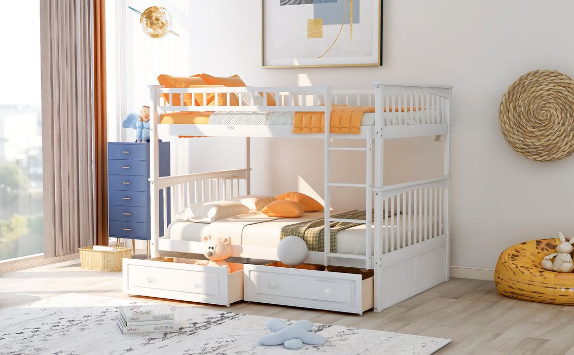 Full over Full Bunk Bed with Drawers - White